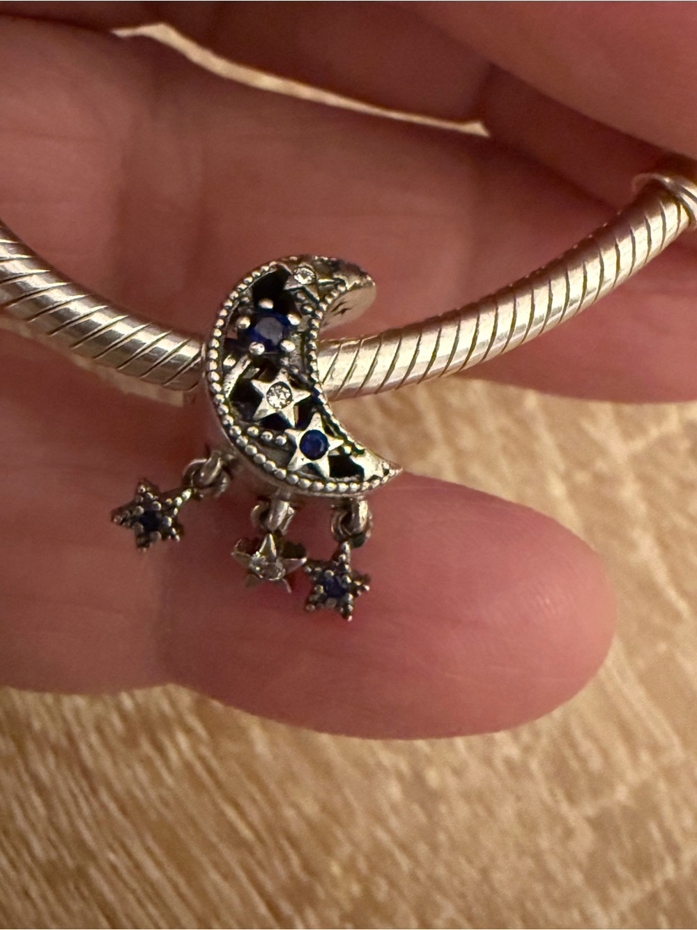 Pandora Silver Moon & Star Dangle Charm with Blue Accents